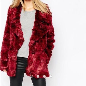 Dark red faux fur coat
